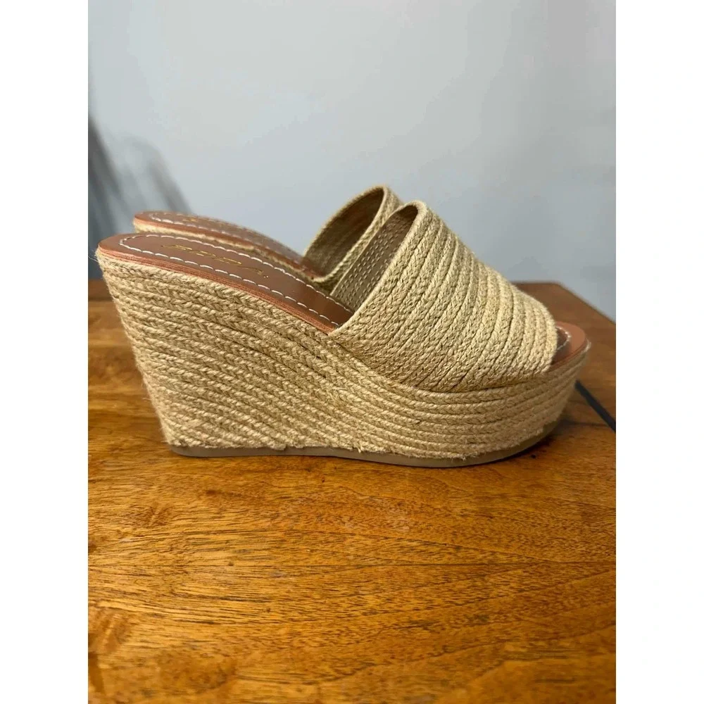 New‎ Soda Womens 7.5 Espadrille Wedge Sandals Tan Jute Braided Platform Mules